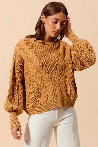 Mineral Washed Loose Fit Textured Cable Sweater.