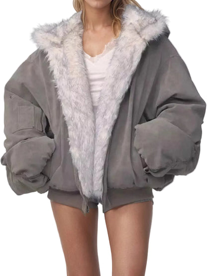 Oversized Faux Fur Trimmed Suede Bomber Jacket