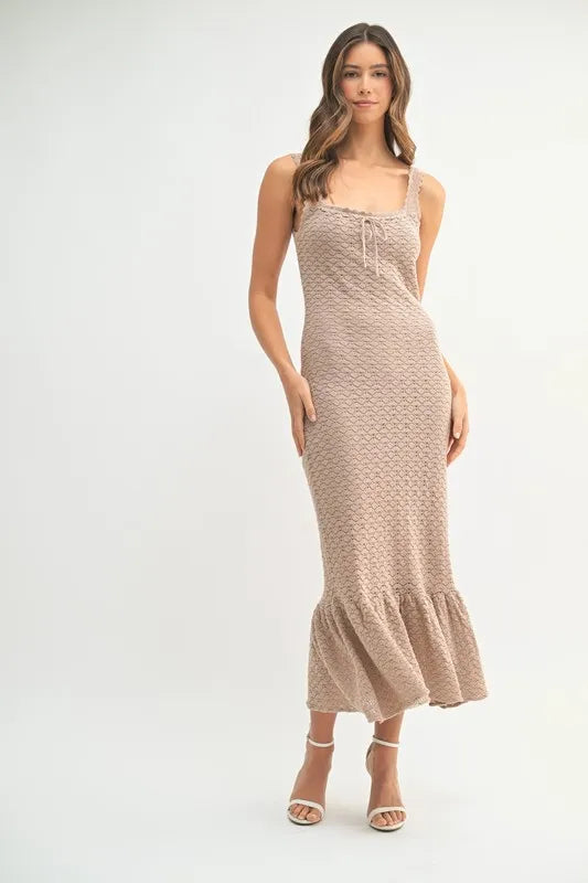 Ruffled Hem Sleeveless Crochet Knit Midi Dress.