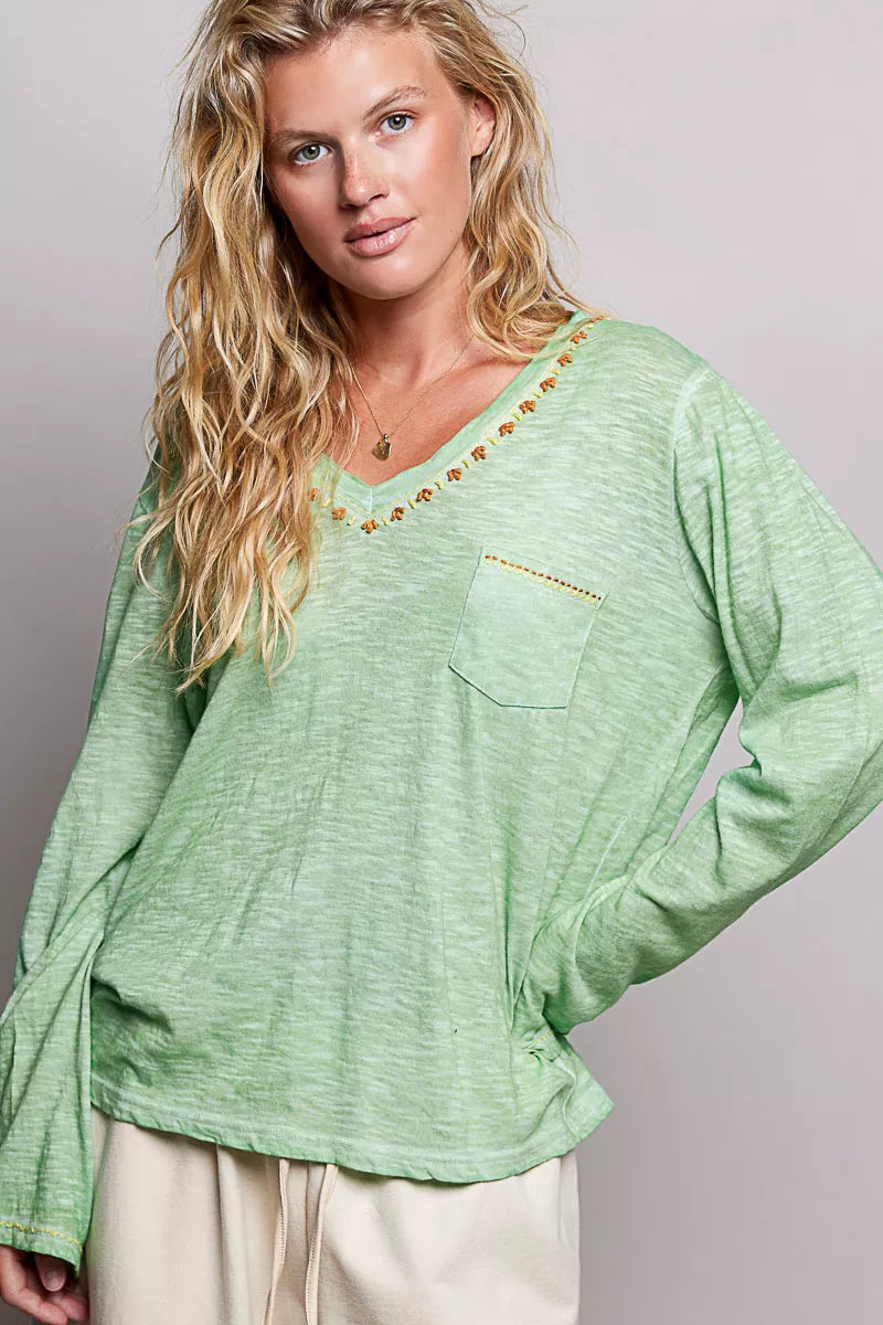 V-Neck Contrast Stitch Lightweight Knit Long Sleeve Top