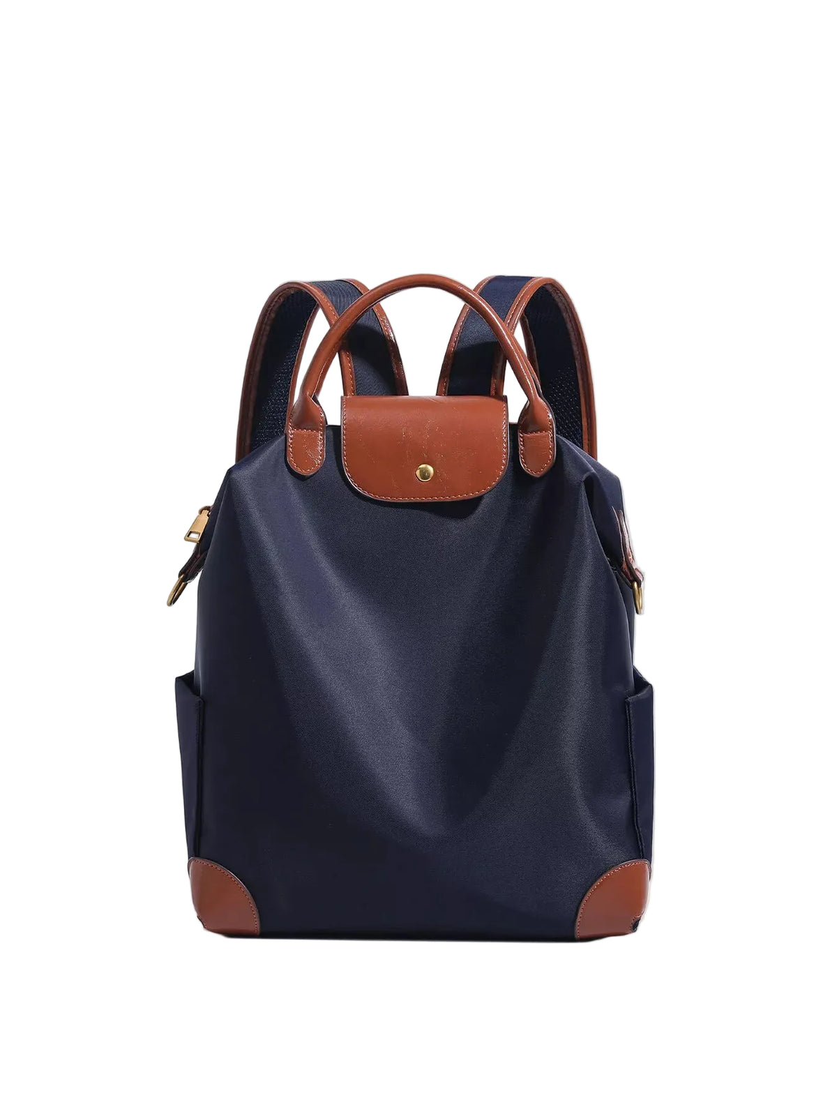 A navy blue nylon backpack with brown leather handles, trim, and corner protectors, shown against a plain light gray background.