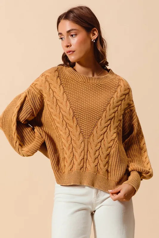 Mineral Washed Loose Fit Textured Cable Sweater.