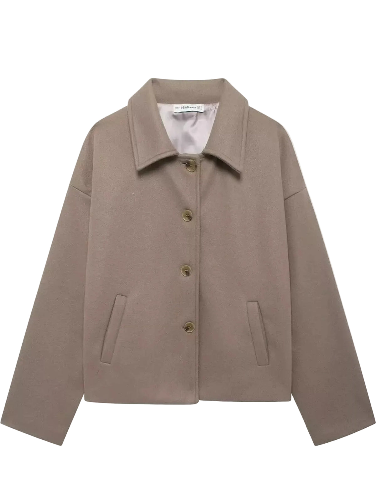 A taupe-brown cropped button-up jacket with a pointed collar and front flap pockets, shown flat on a white background.