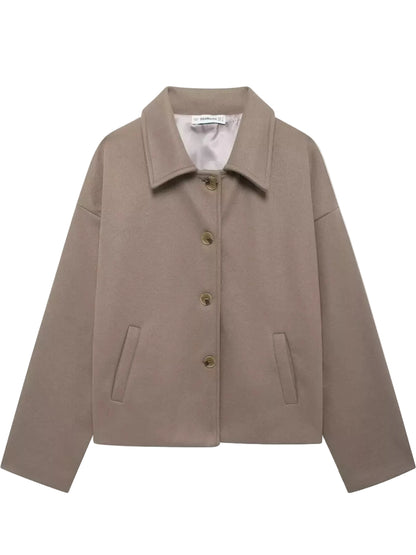 A taupe-brown cropped button-up jacket with a pointed collar and front flap pockets, shown flat on a white background.