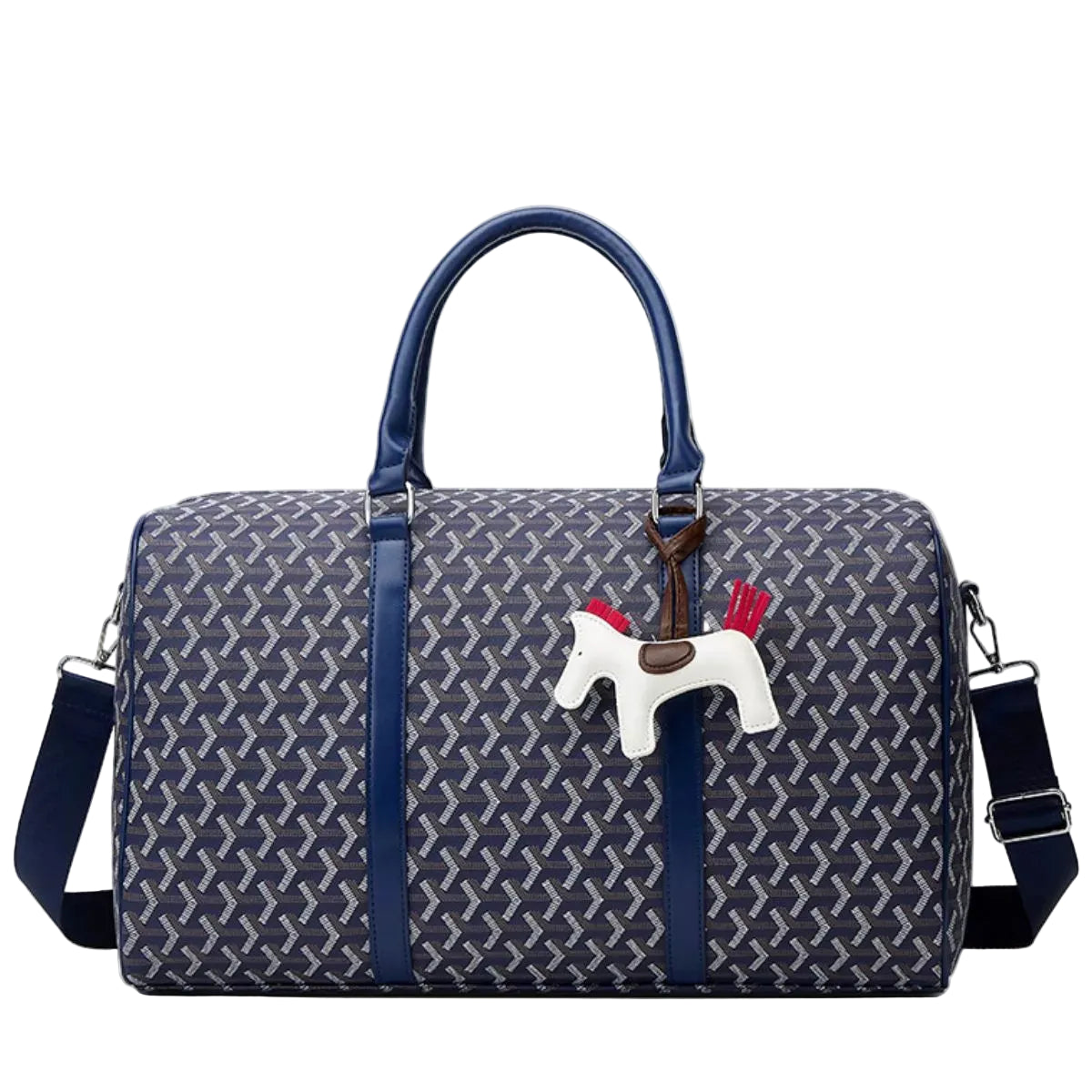 A navy blue Goyard duffel bag with a signature chevron pattern, featuring a white Swedish horse charm with red reins hanging from the zipper.