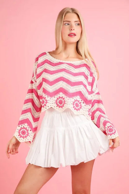 Chevron & Floral Pattern Crochet Knit Top.