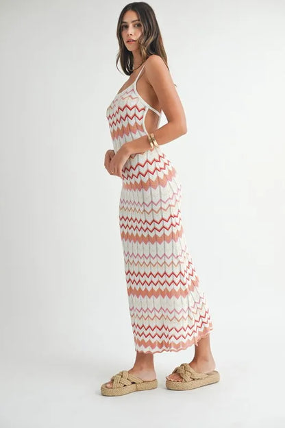 Lightweight Pointelle Chevron Knit Maxi Dress.