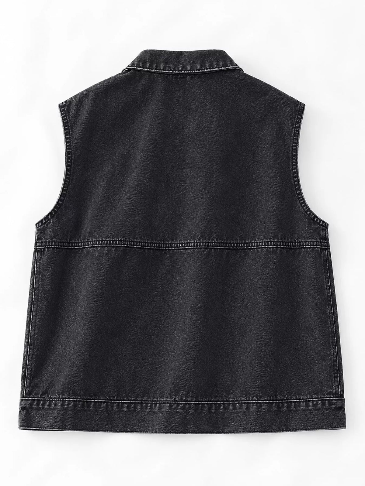 A black washed denim vest shown from the back, featuring a collar and horizontal seam details, laid flat against a white background.