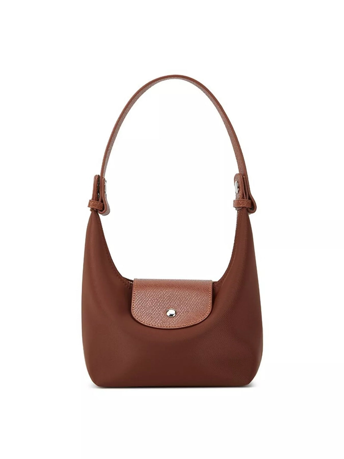 A brown leather shoulder bag with a curved top handle, a front flap pocket, and a small silver-tone logo clasp, shown on a plain white background.