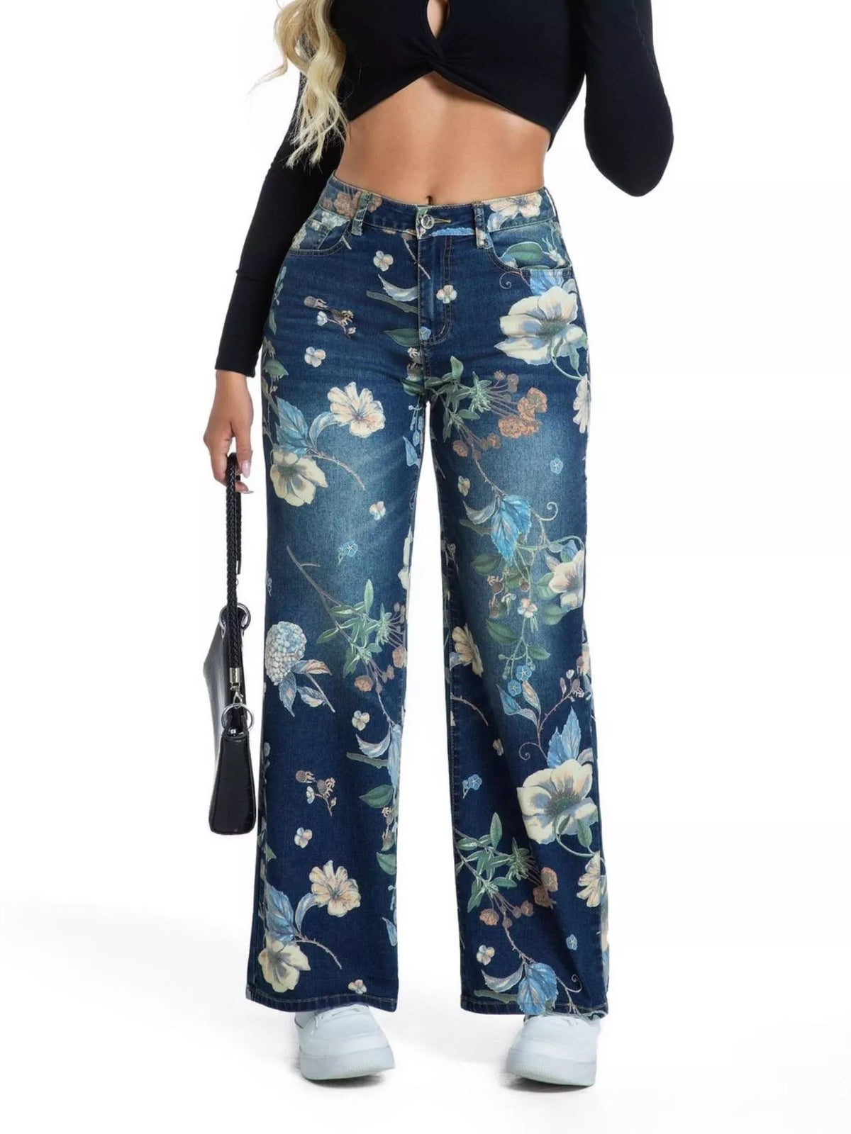 High-waisted floral print wide-leg jeans