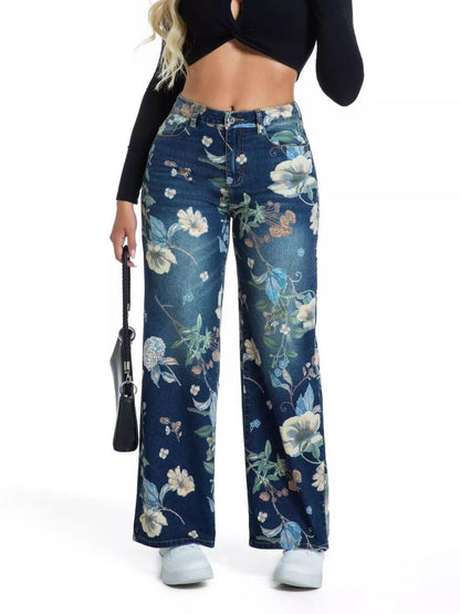 High-waisted floral print wide-leg jeans