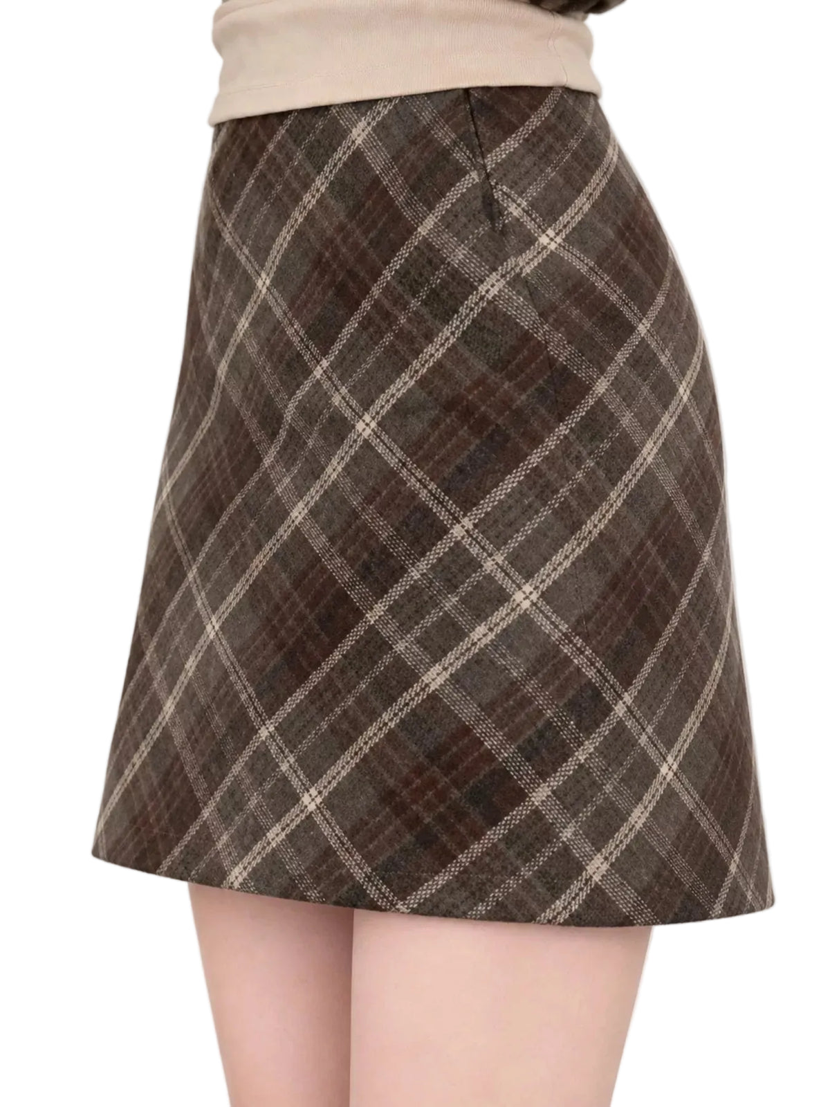A brown and beige plaid A-line mini skirt worn by a model, shown from the waist down against a plain white background.