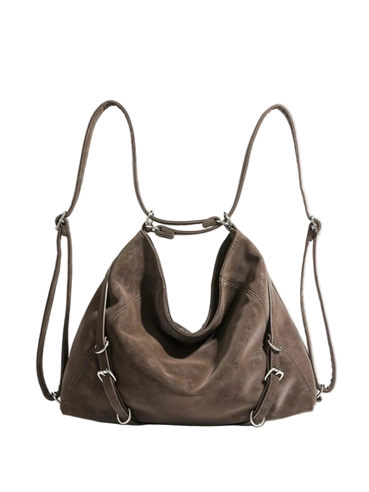Brown leather handbag with drawstring on a light gray background