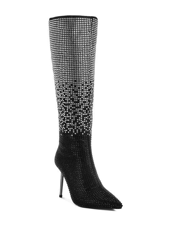 Orymple Shiny Rhinestone Studded Calf Boots