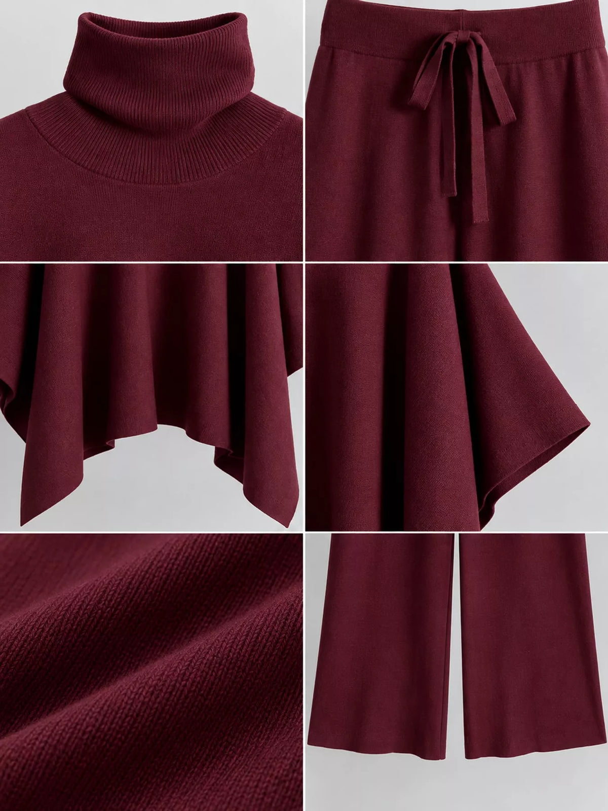Turtleneck poncho sweater and matching wide-leg knit pants set