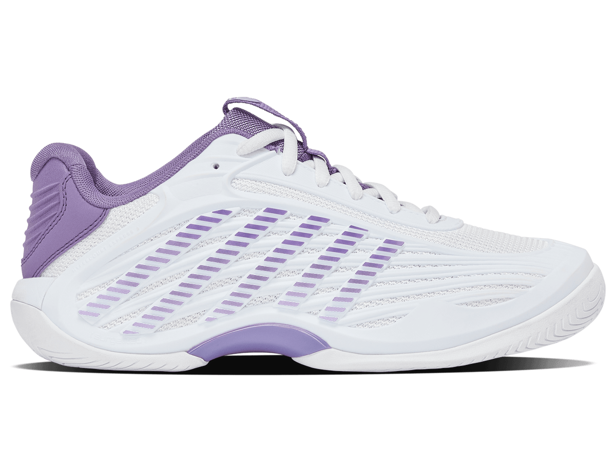 K-Swiss women's Hypercourt Express 3 tennis shoe in White/Purple Haze/Lunar Rock.