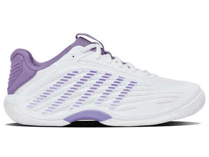 K-Swiss women's Hypercourt Express 3 tennis shoe in White/Purple Haze/Lunar Rock.