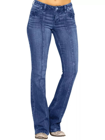 A pair of women's blue denim jeans with a flared bootcut or bootcut flare silhouette, shown on a model from the waist down against a white background.