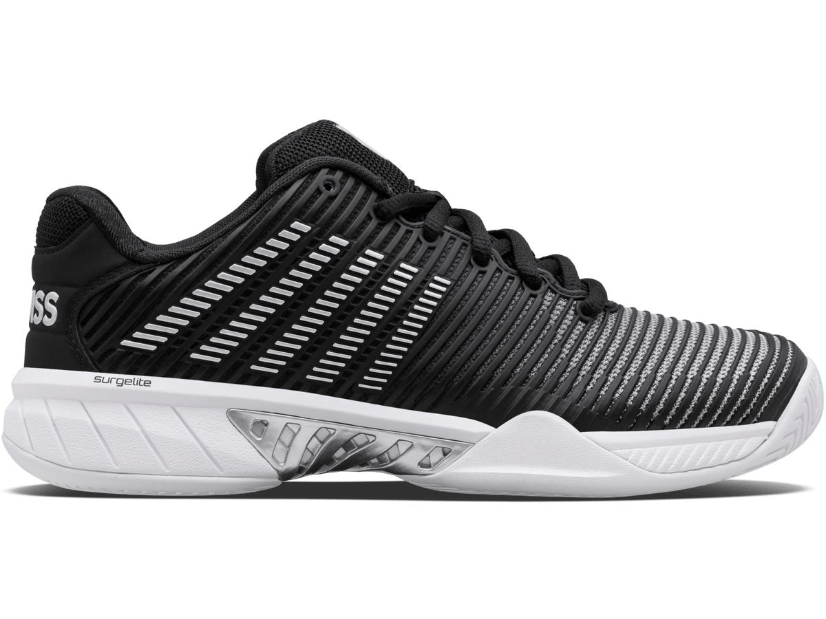 K-Swiss women's Hypercourt Express 2 tennis shoe in Black/White/Silver.