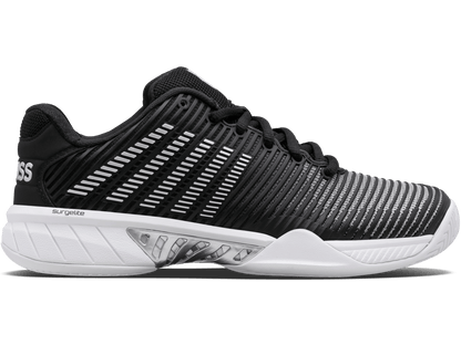 K-Swiss women's Hypercourt Express 2 tennis shoe in Black/White/Silver.