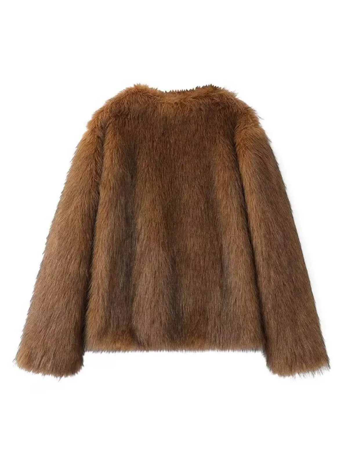 A brown faux fur jacket with long sleeves and a crew neck, shown from the back on a plain white background.