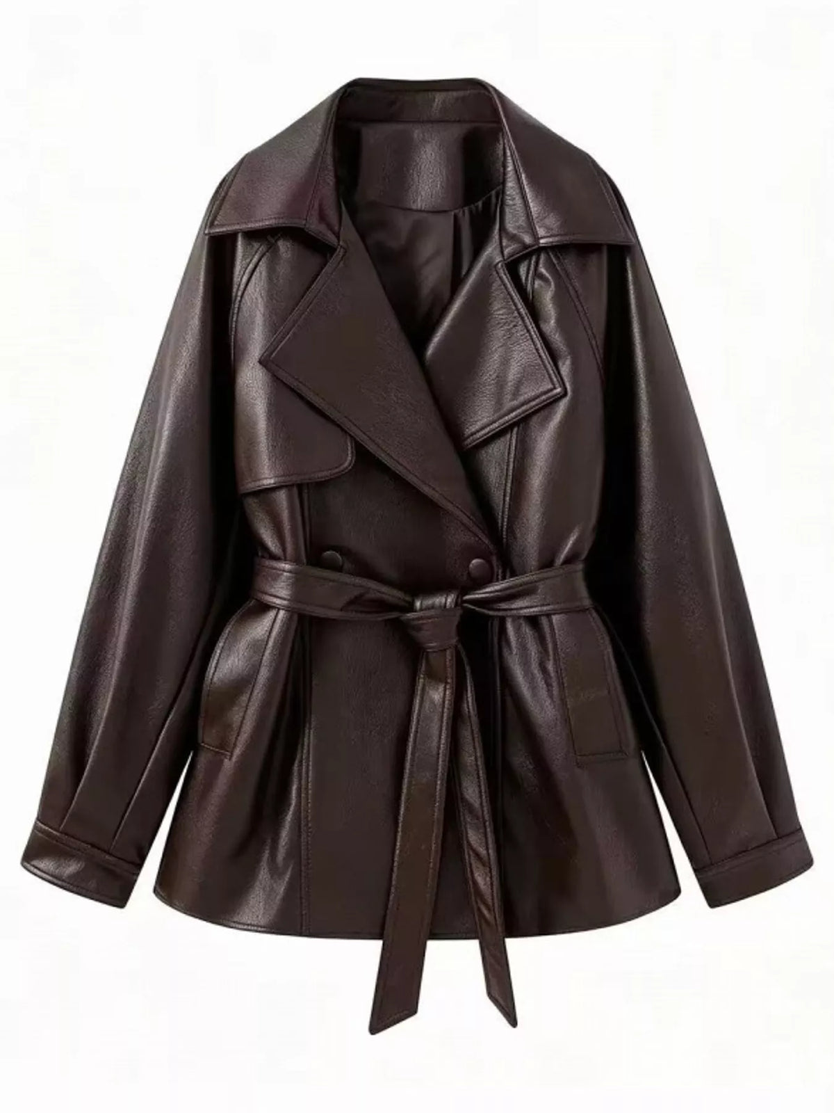 A dark brown faux leather trench coat with a matching waist tie belt, displayed on a clean white background.