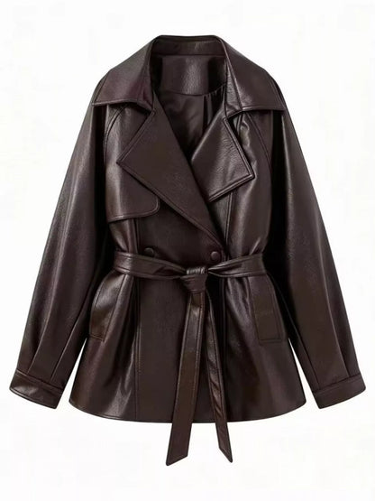 A dark brown faux leather trench coat with a matching waist tie belt, displayed on a clean white background.
