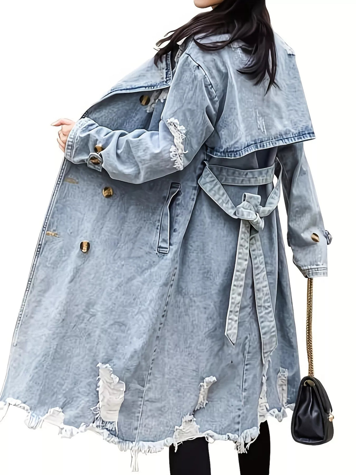 A woman wearing a light-wash distressed denim trench coat with a tie waist belt, shown from the back against a plain white background.