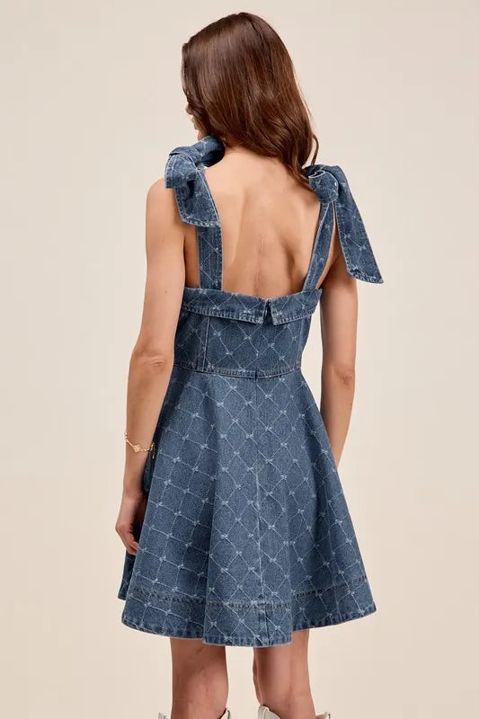 A Line Fit and Flare Diamond Bow Ribbon Denim Dres.