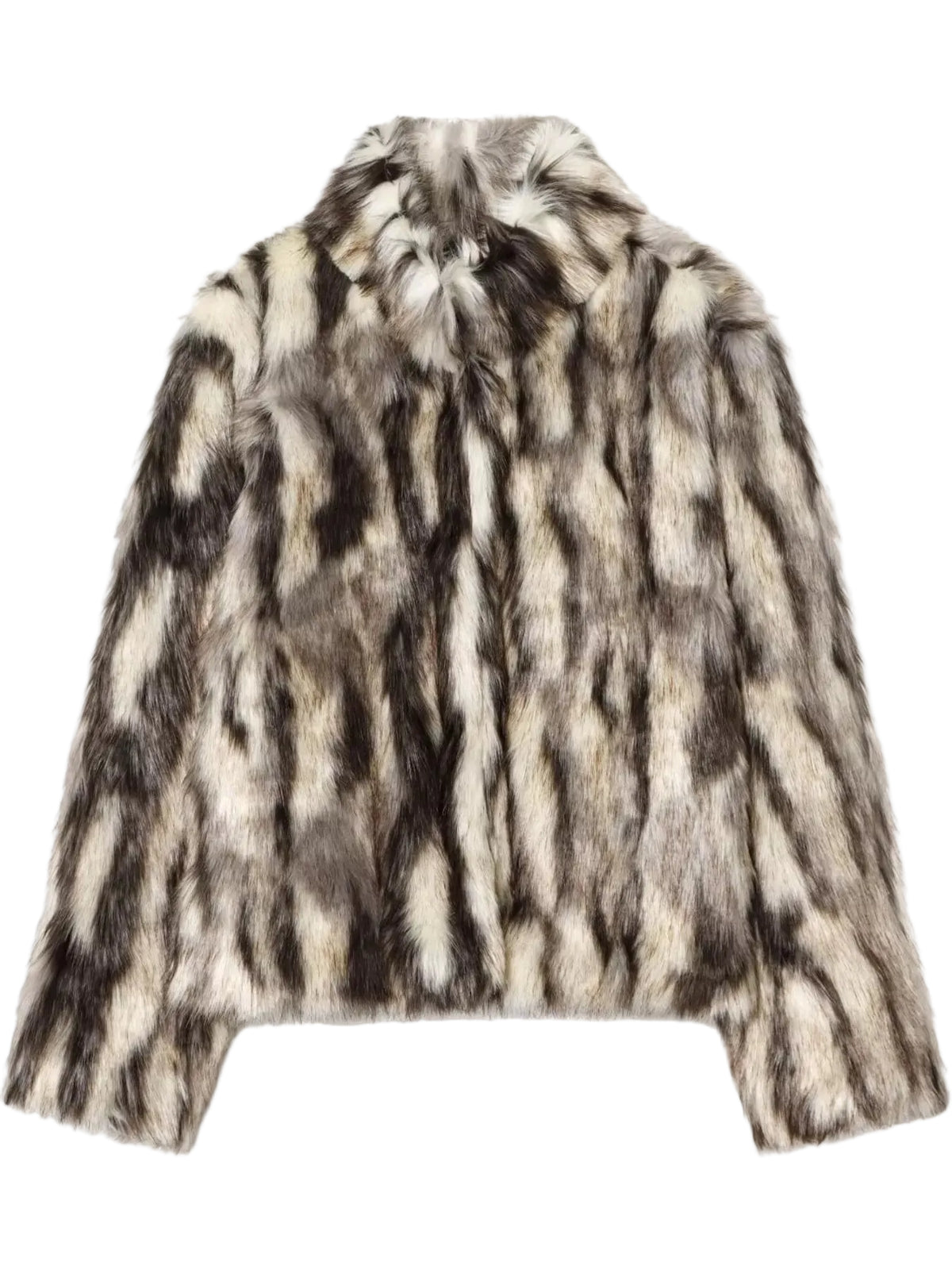 A cropped faux fur jacket with a high collar, featuring a vertical striped pattern in black, gray, and beige, shown against a plain white background.
