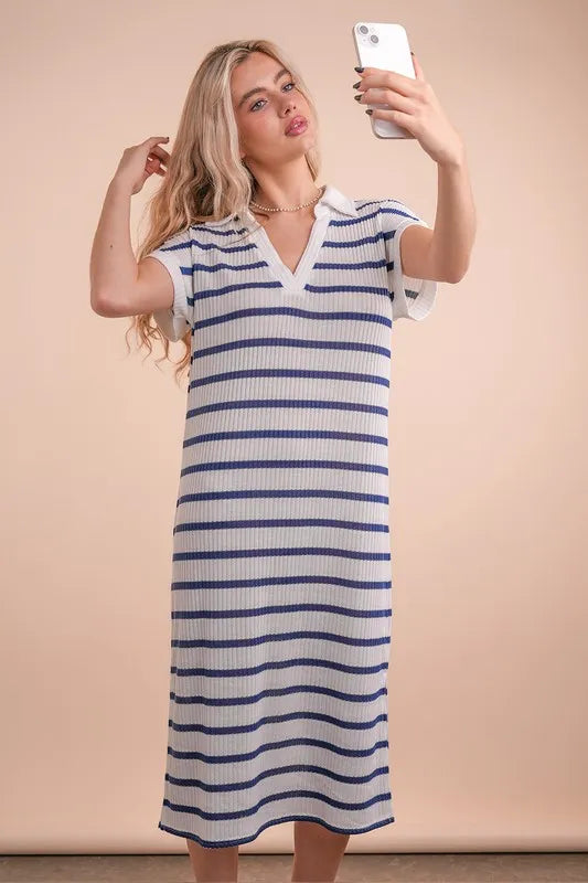 Oversized Collared Striped Knit Midi Dress.