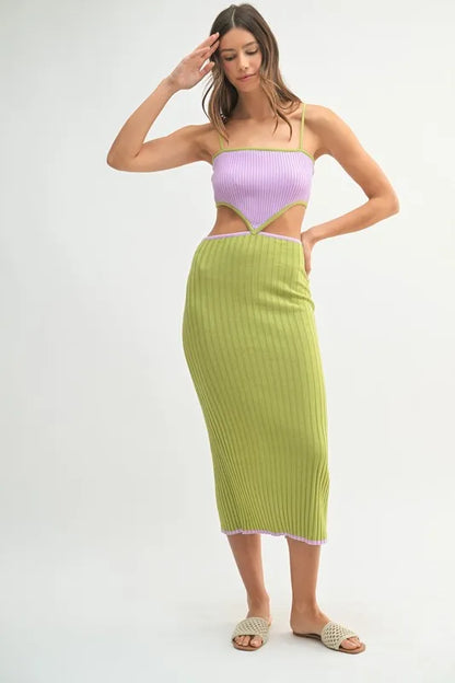 Ribbed Knit Color Block Cutout Midi Dress.