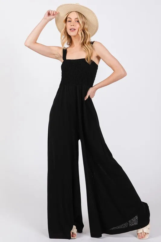 Smocked Flowy Wide Leg Jumpsuit.