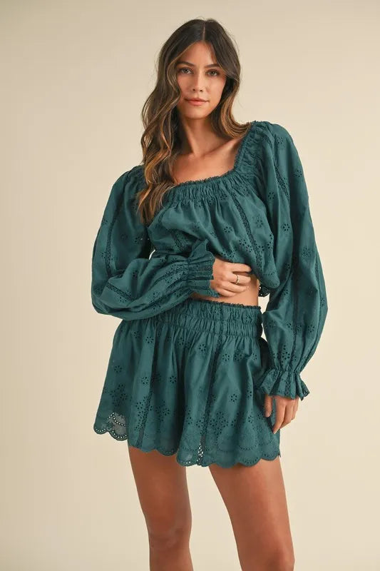 Embroidered Scalloped Lace Top and Short Set.