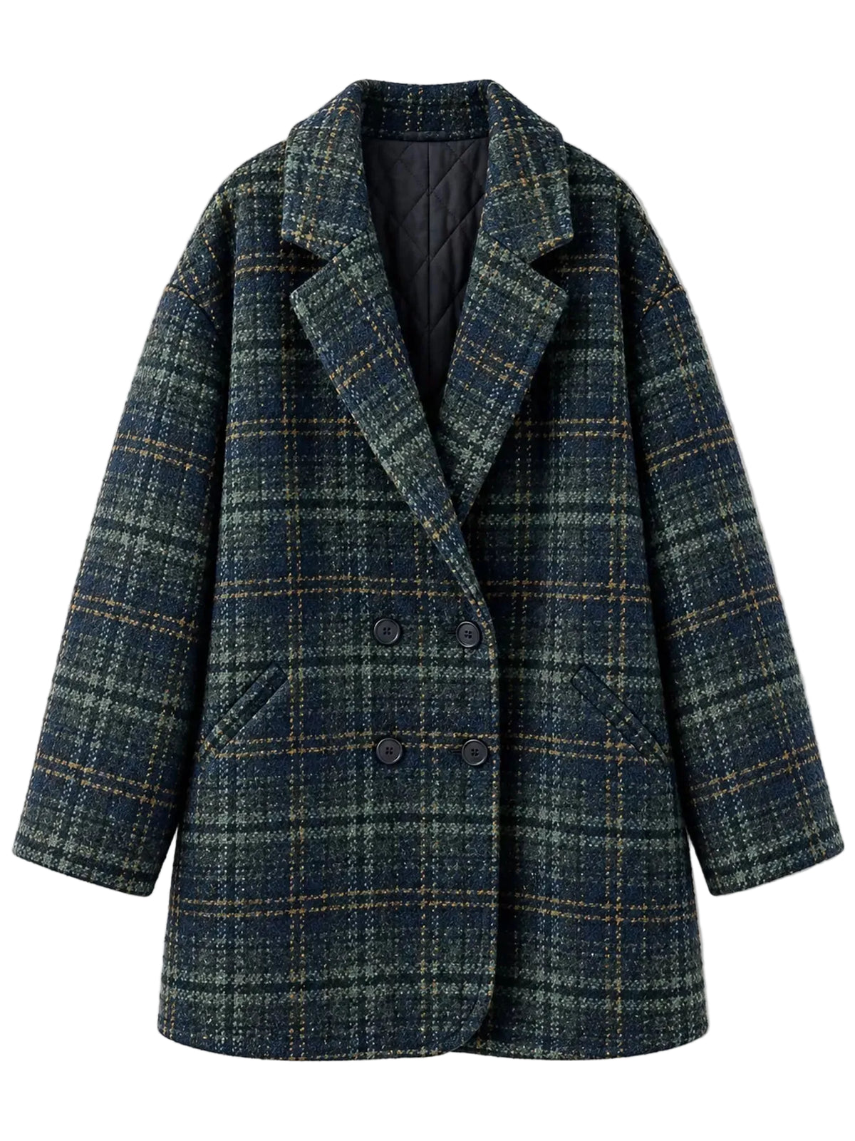 A double-breasted plaid blazer coat in a dark blue and green tweed pattern, featuring a notched lapel and dark buttons, shown against a plain light background.
