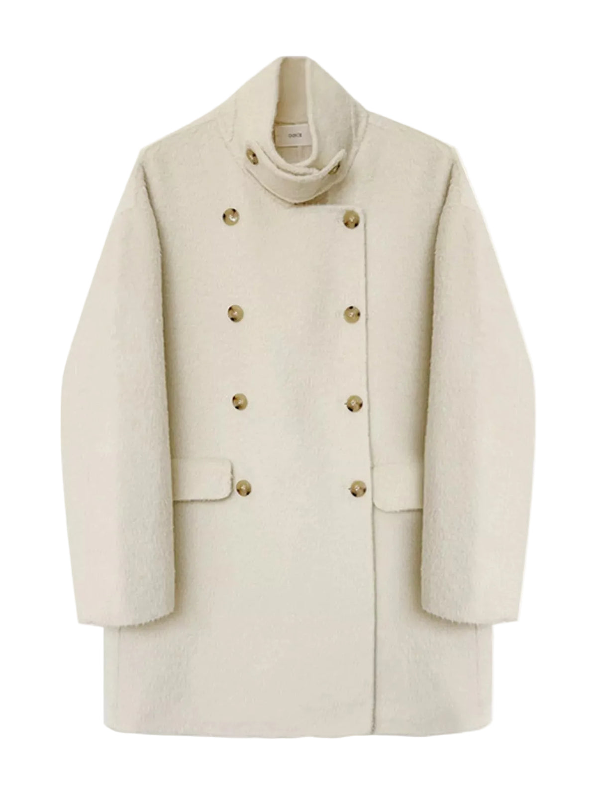 An off-white double-breasted coat with gold buttons, a high folded collar, and flap pockets, shown against a plain white background.