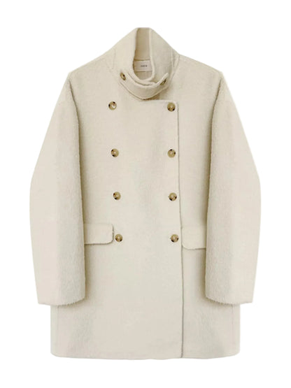 An off-white double-breasted coat with gold buttons, a high folded collar, and flap pockets, shown against a plain white background.