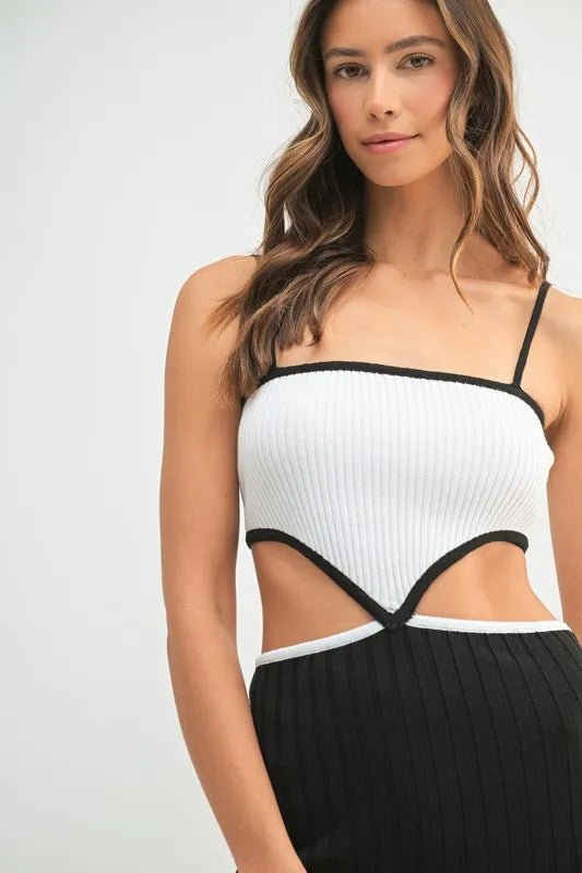 Ribbed Knit Color Block Cutout Midi Dress.