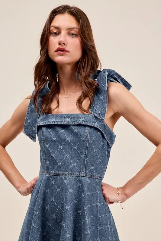 A Line Fit and Flare Diamond Bow Ribbon Denim Dres.
