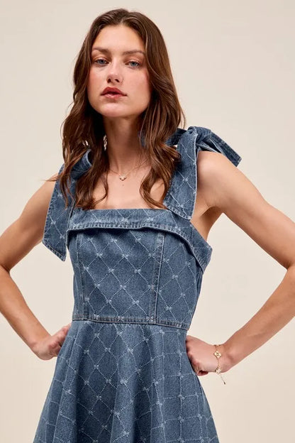 A Line Fit and Flare Diamond Bow Ribbon Denim Dres.