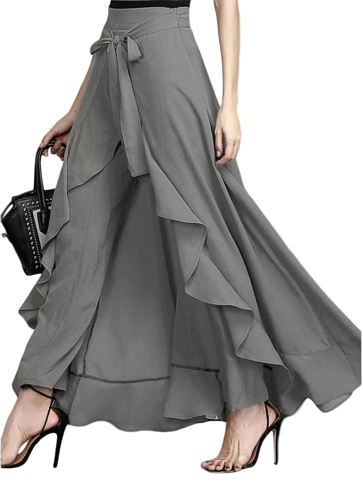 Gray ruffled skirt worn by a person on a white background