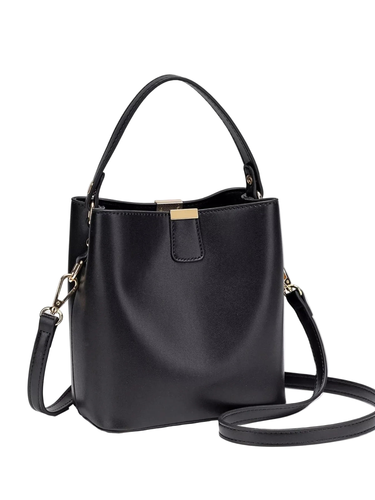 A black leather bucket handbag with a top handle, a detachable shoulder strap, and gold-tone hardware, shown on a clean white background.