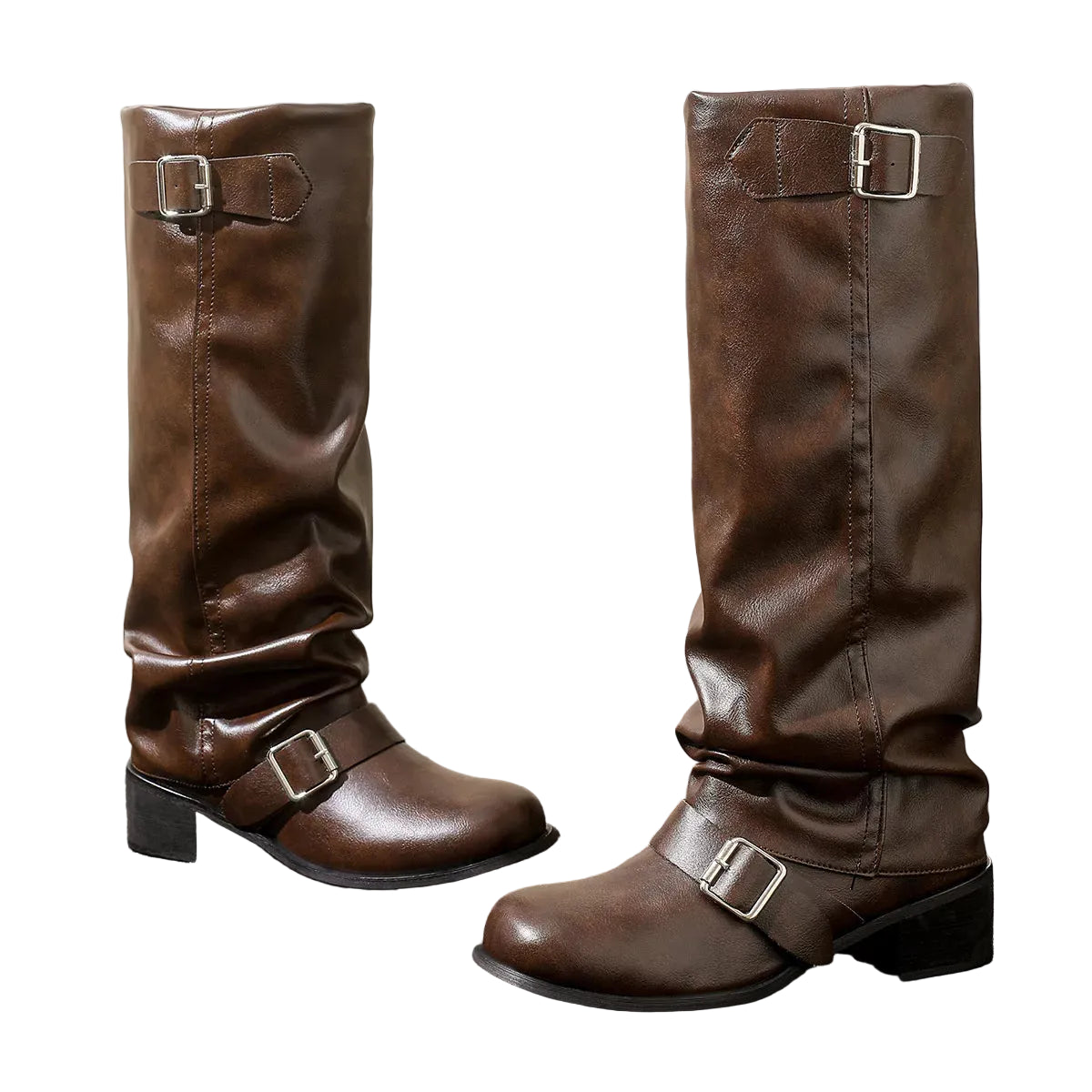 A pair of dark brown leather slouchy knee-high boots with buckle straps, displayed on a dark gray floor against a beige wall and a silver metal block.