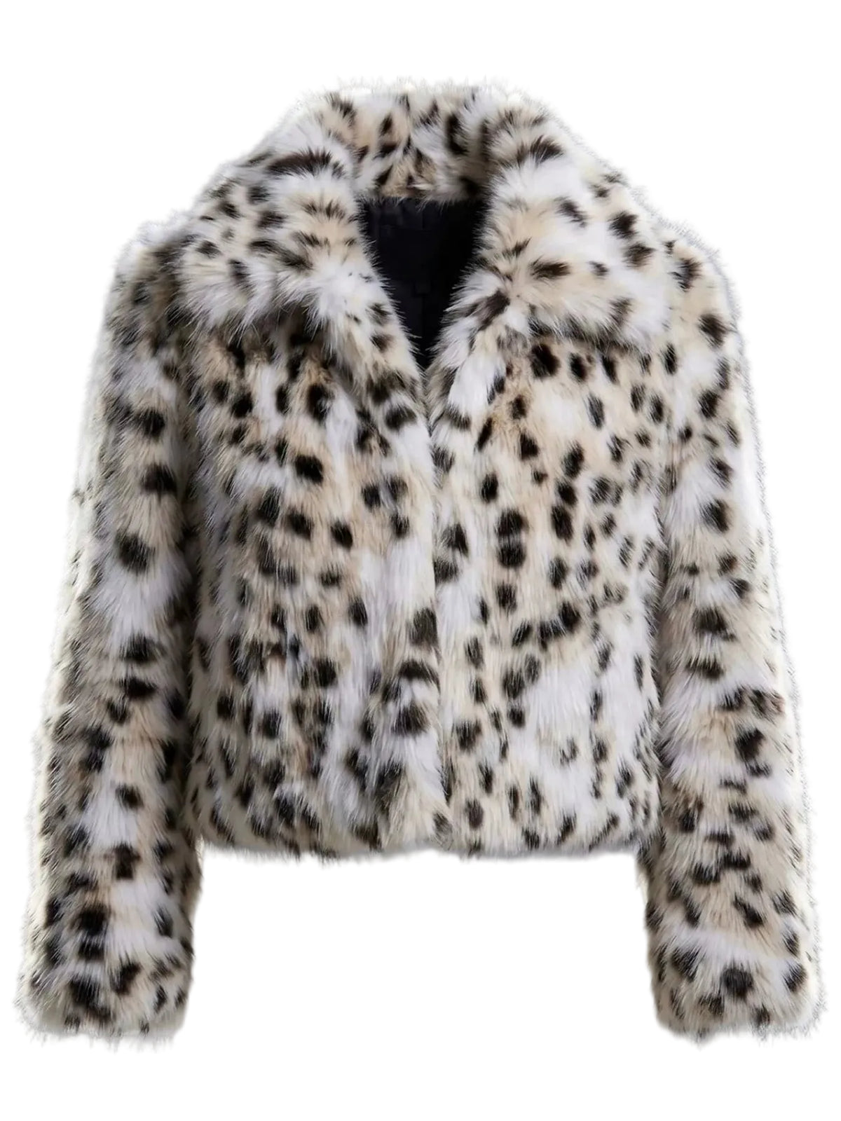 A cropped faux fur jacket with a black and white spotted animal print pattern, shown against a solid gray background.