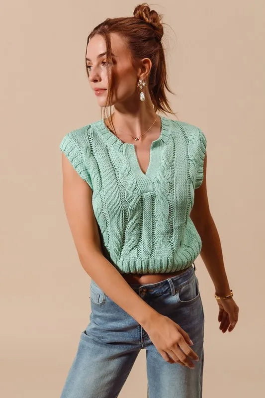 Notched Neck Cable Knit Sweater Vest.