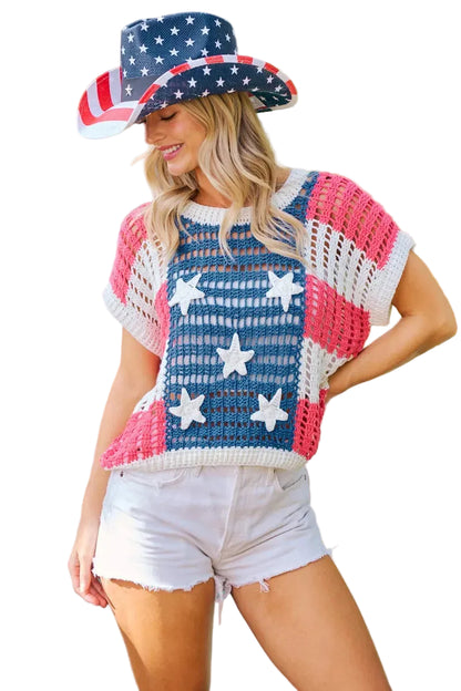 Woman wearing a patriotic-themed crochet top and hat by a pool.