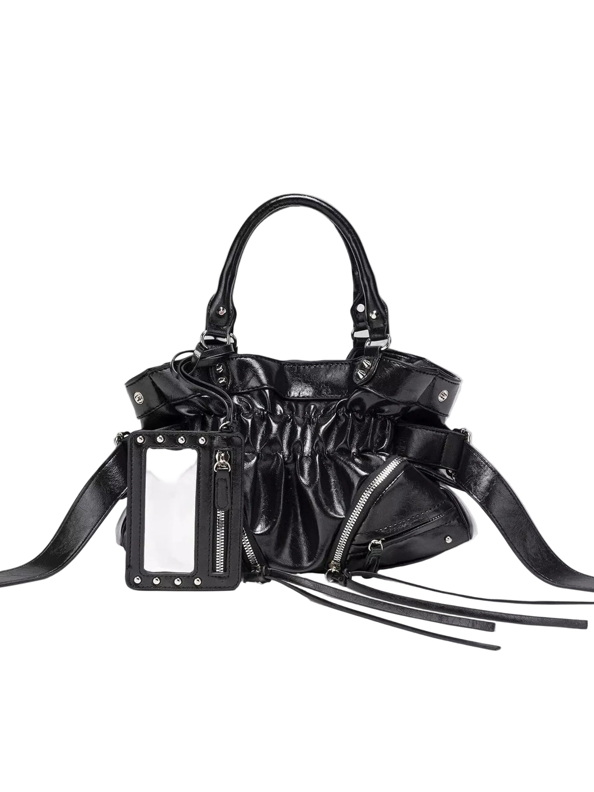 A black leather shoulder bag with a gathered, ruched texture, dual top handles, a long shoulder strap, and a rectangular front pouch with a clear window and silver studs, shown against a solid light gray background.