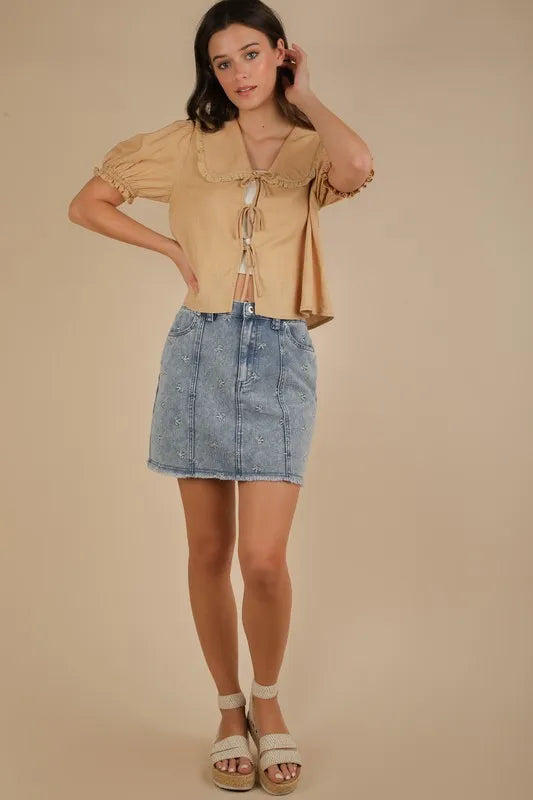 Bow Printed Casual Denim Mini Skirt.