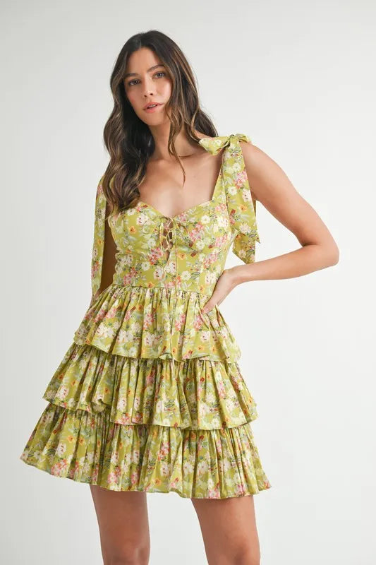 Floral Print Shoulder Tie Layered Mini Dress.