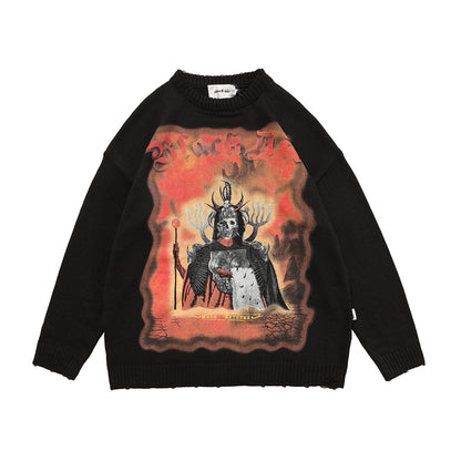 Black sweater with a graphic design on a white background